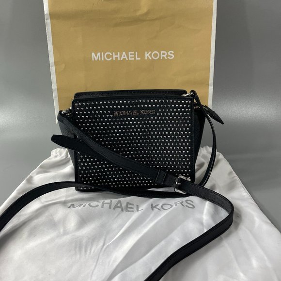 Michael Kors Selma Studded Saffiano-Leather Cross-Body Bag in Black